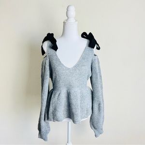 Grey & Black Knit Tie Cold Shoulder Cut Out V-Neck Peplum Long Sleeve Sweater